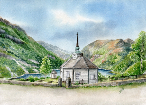 Foil magnet watercolor art print Norway Norge Geiranger Fjord Church